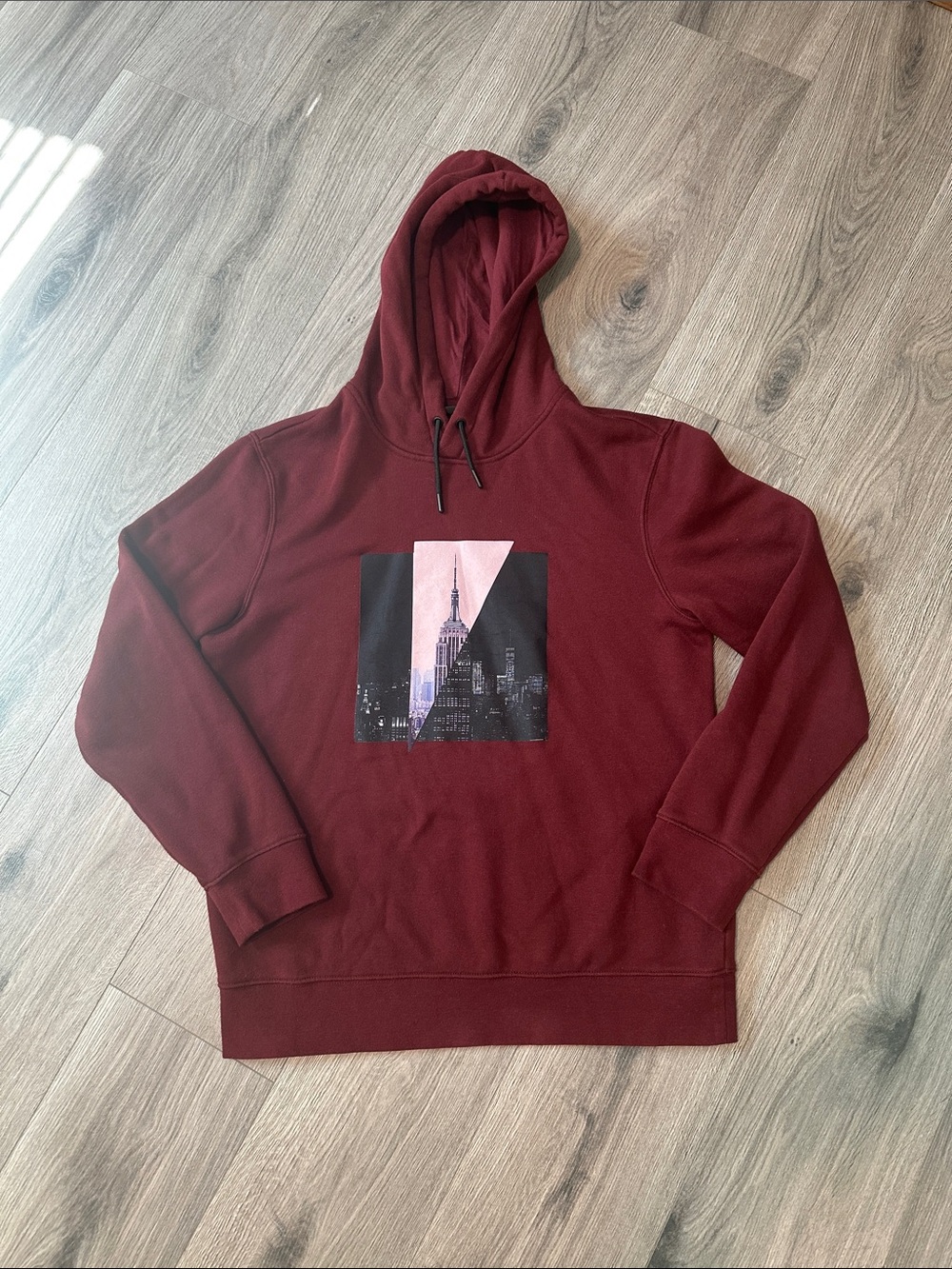 H&M Maroon Hoodie with City Skyline Graphic